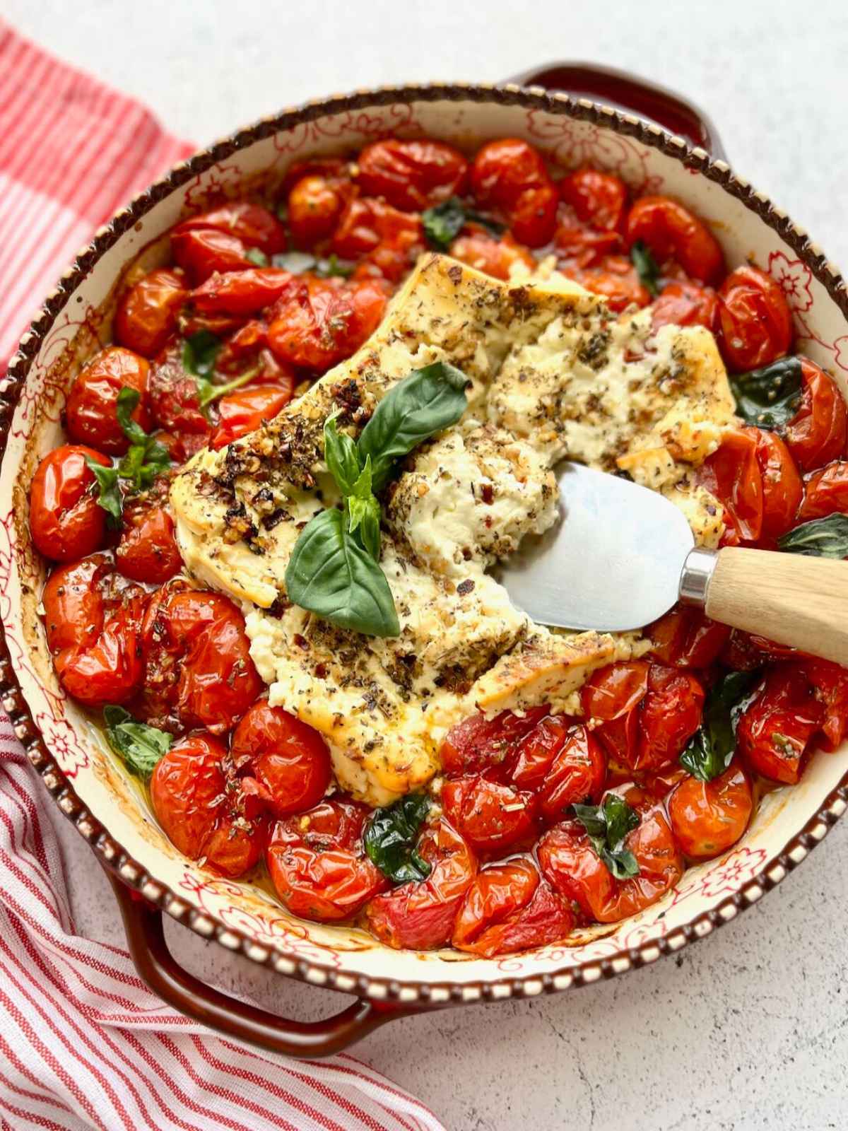 Baked Feta Dip with blistered tomatoes.