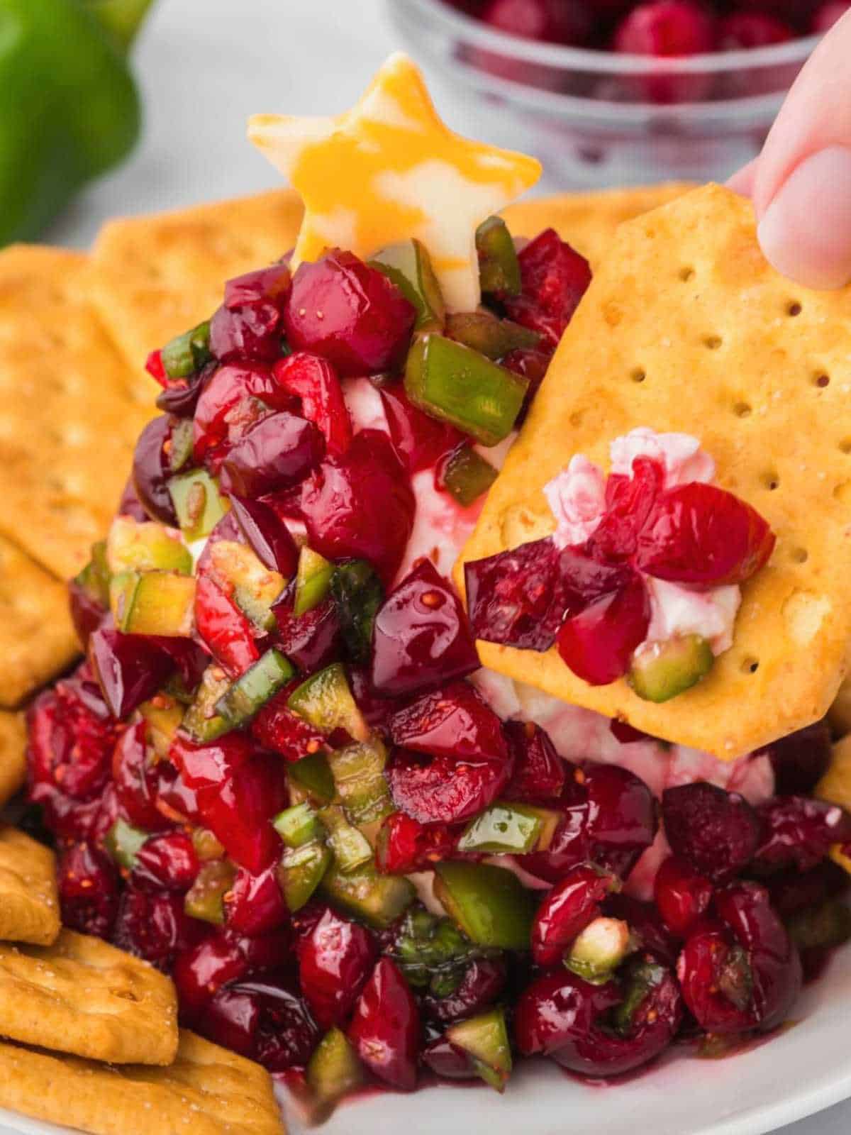 Cracker dipping into Cranberry Jalapeño Dip shaped like a tree.