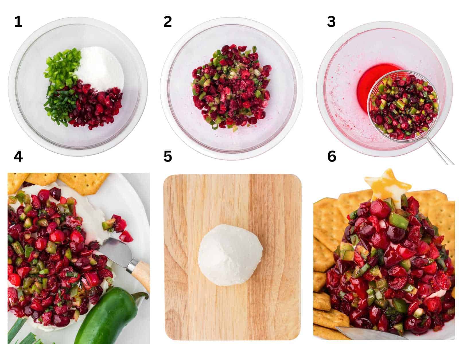 How to Make Cranberry Jalapeño Dip with cream cheese as a platter and a tree.