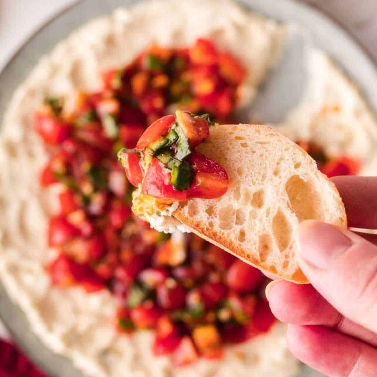 Crostini being held by fingers over a plate of bruschetta dip.