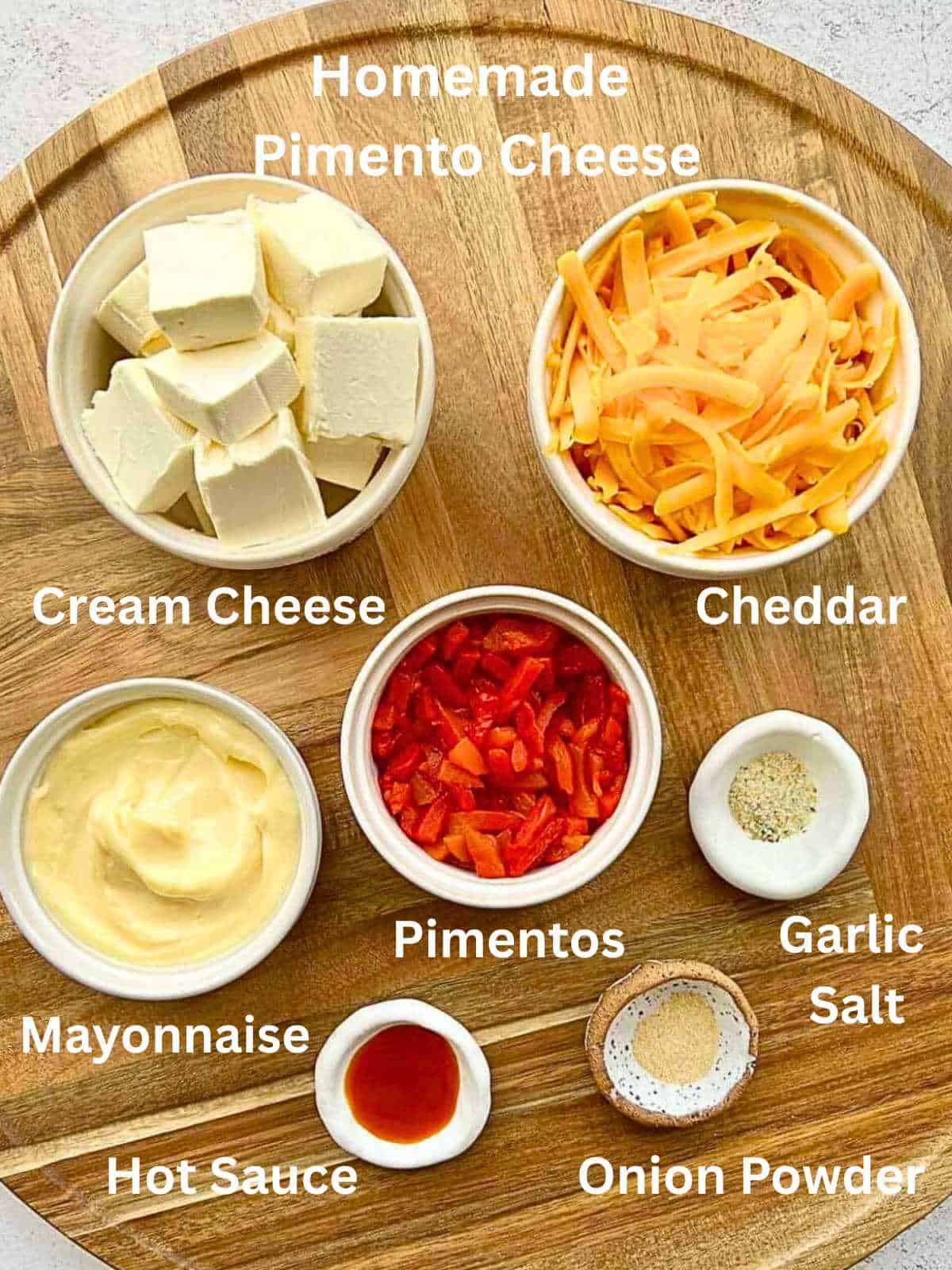 Ingredients needed to make homemade pimento cheese.