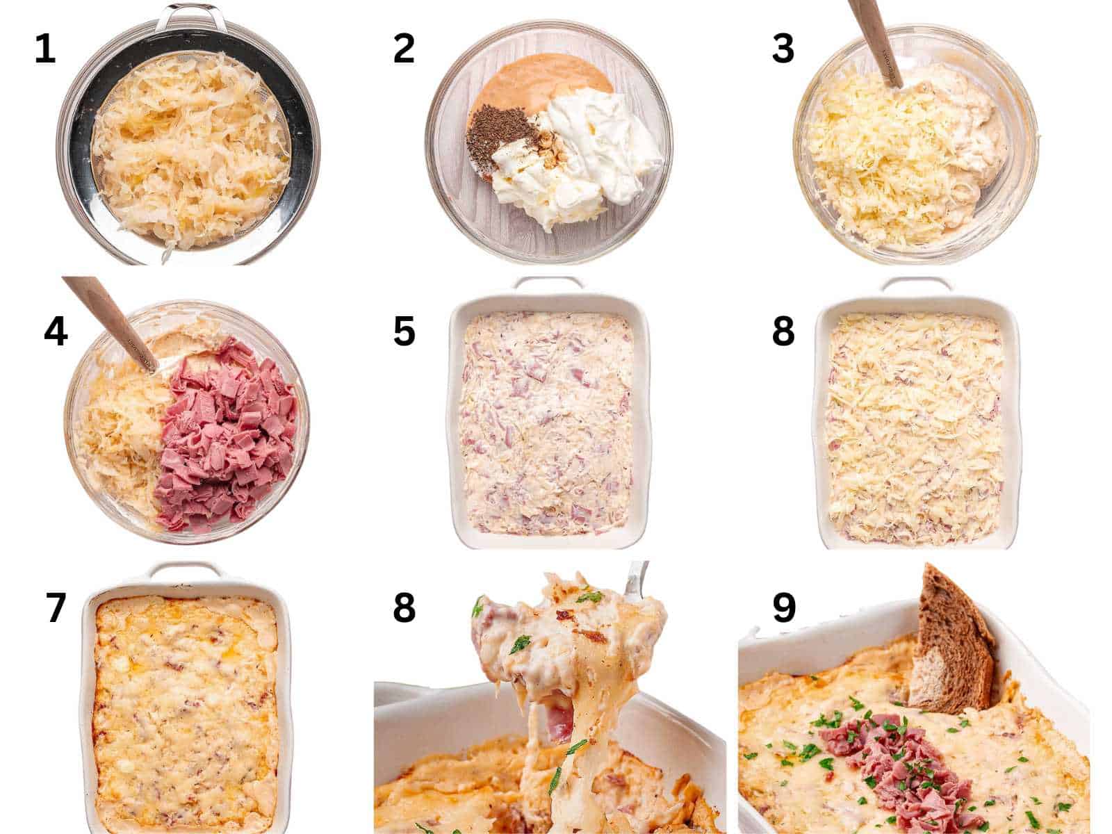 Step by step photos on how to make reuben dip.