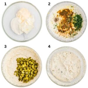 Step by step photos showing how to make dill pickle dip.