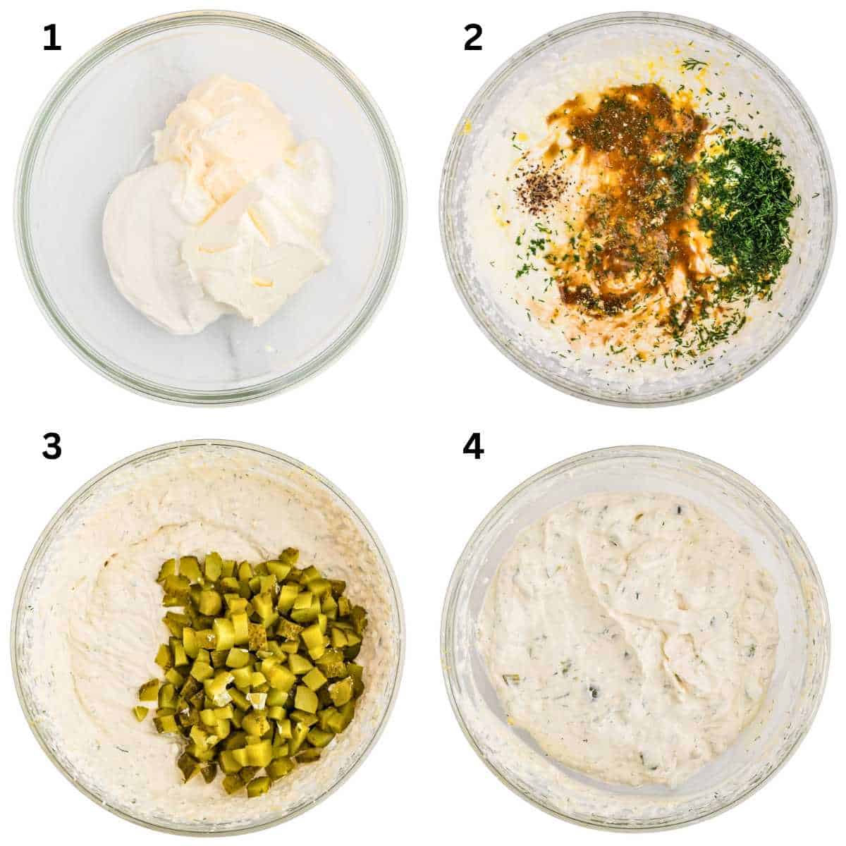 Step by step photos showing how to make dill pickle dip.