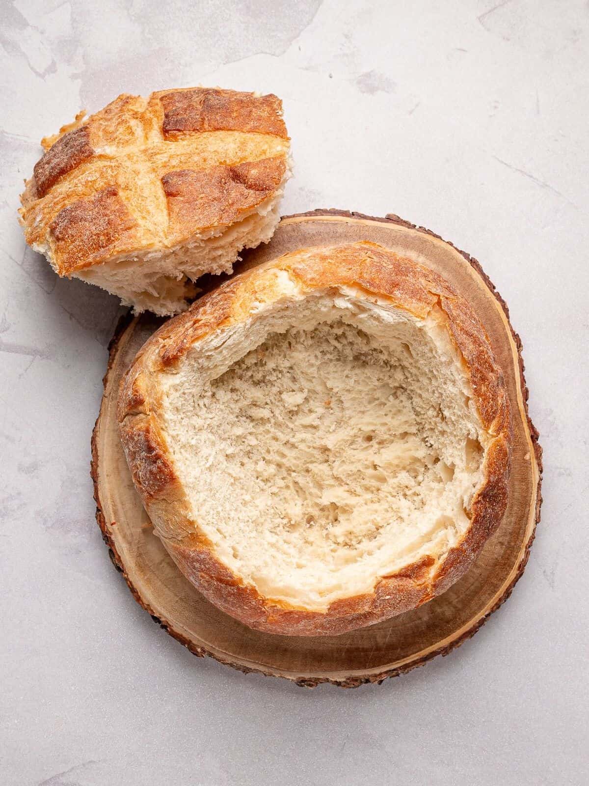 How to carve a round bread bowl.