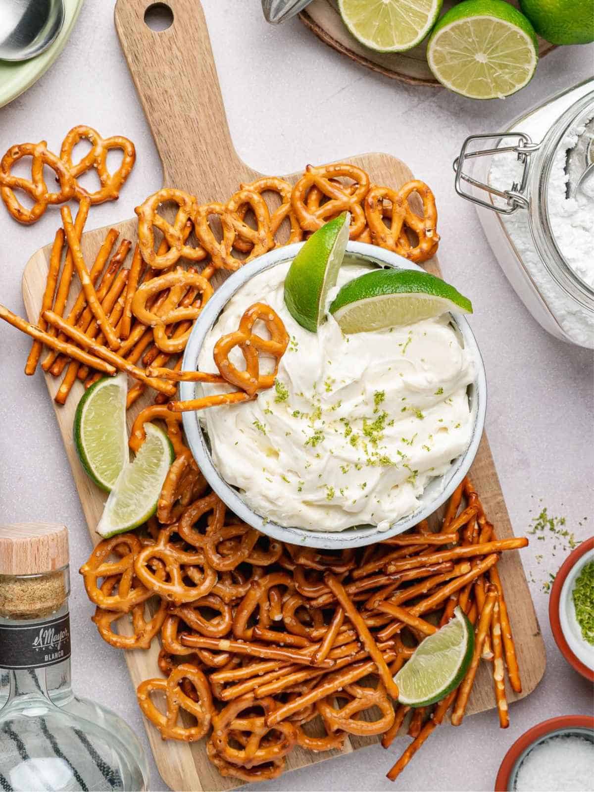 Margarita dip with salted pretzels.