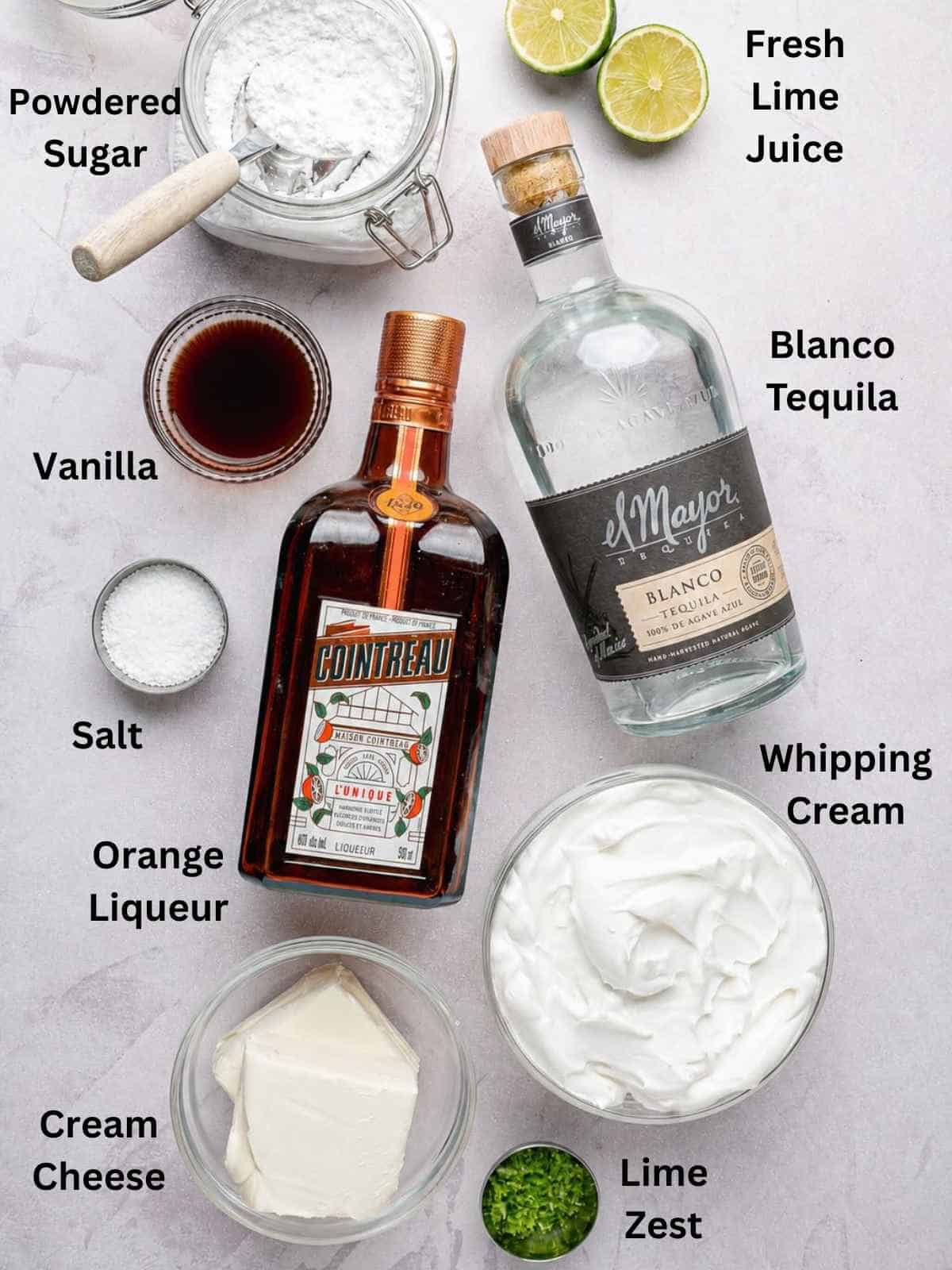 Ingredients needed to make creamy Margarita Dip.