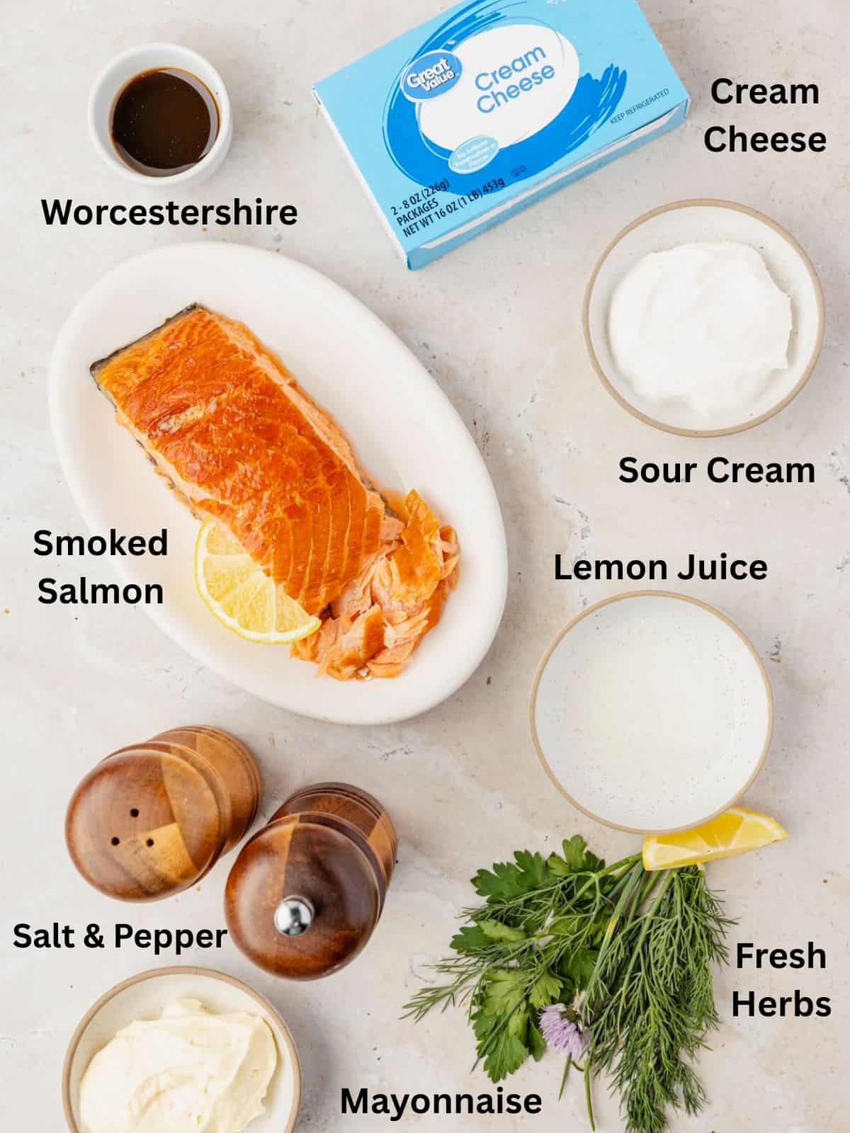 Ingredients needed to make Smoked Salmon Dip.