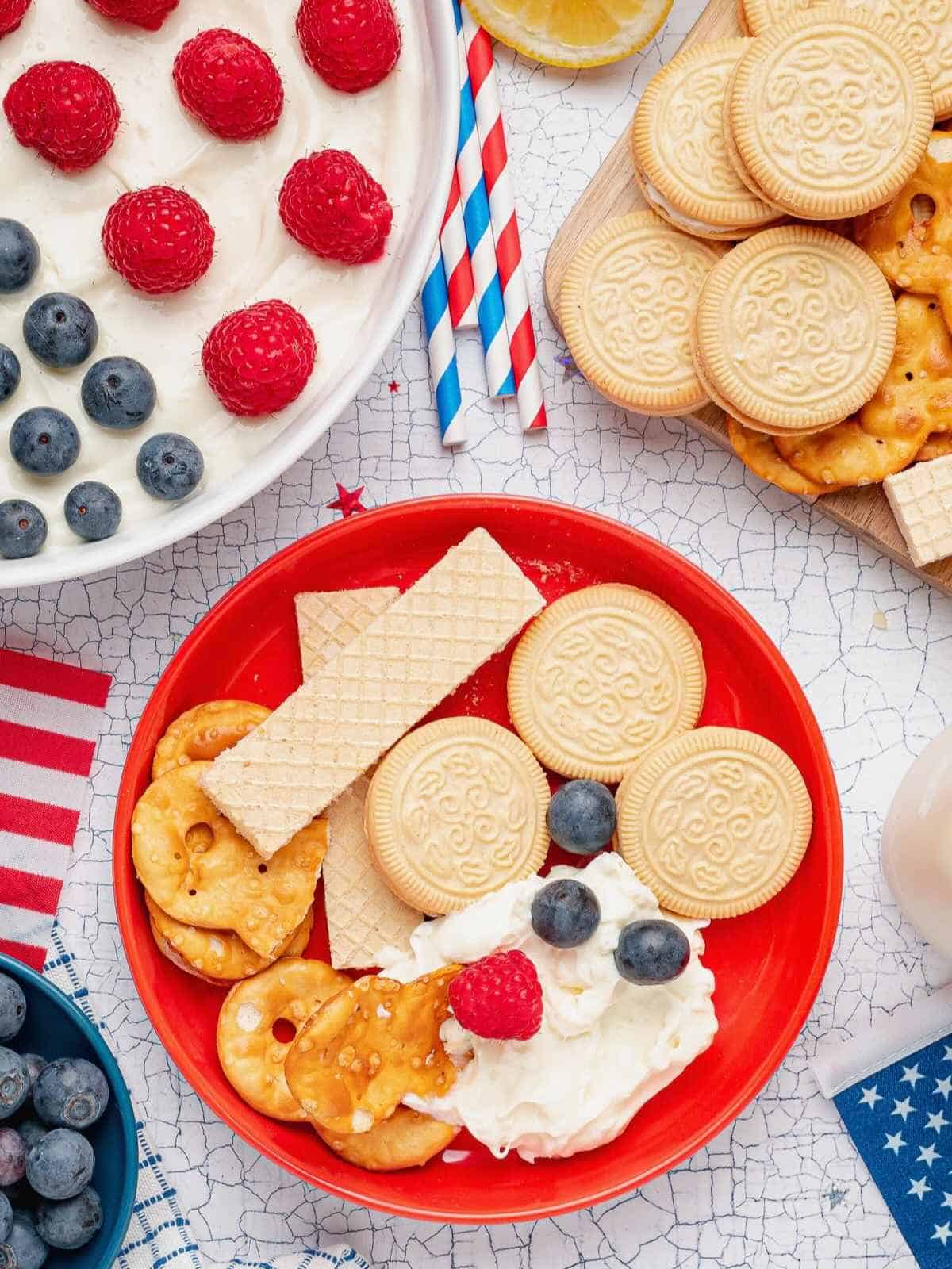Plate of cookies and pretzels with a scoop of dip.