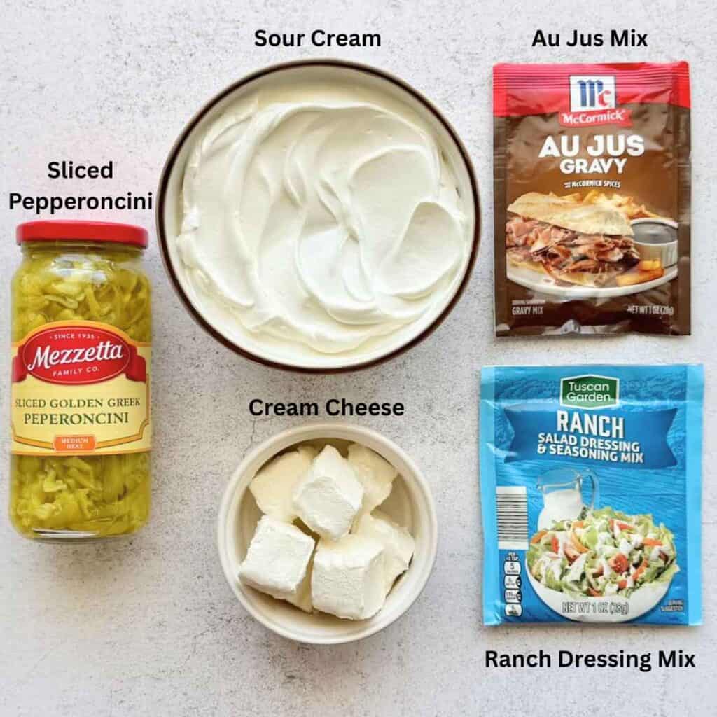 Ingredients needed for Mississippi Pot Roast Dip.