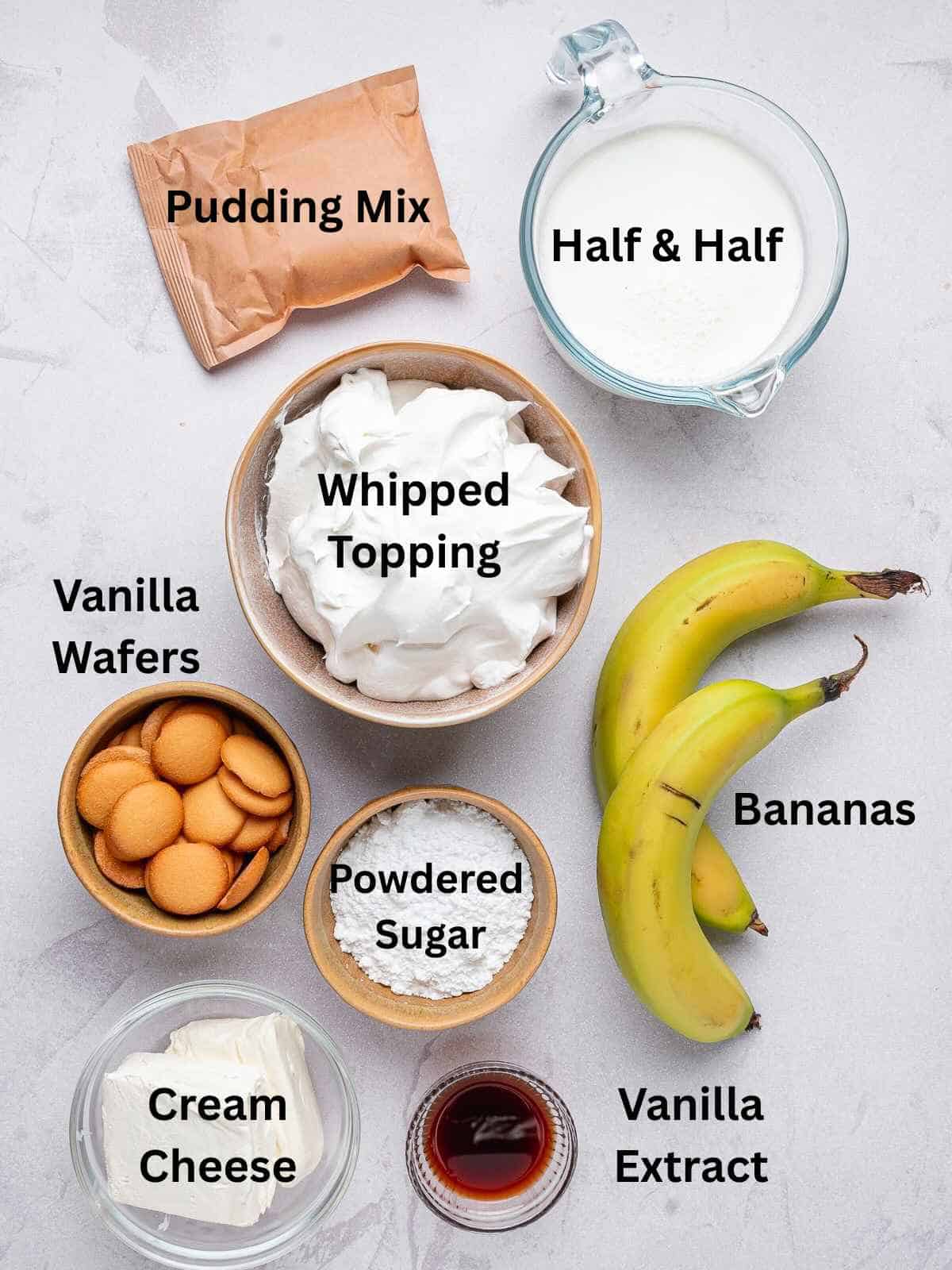 Ingredients needed to make Banana Pudding Dip.