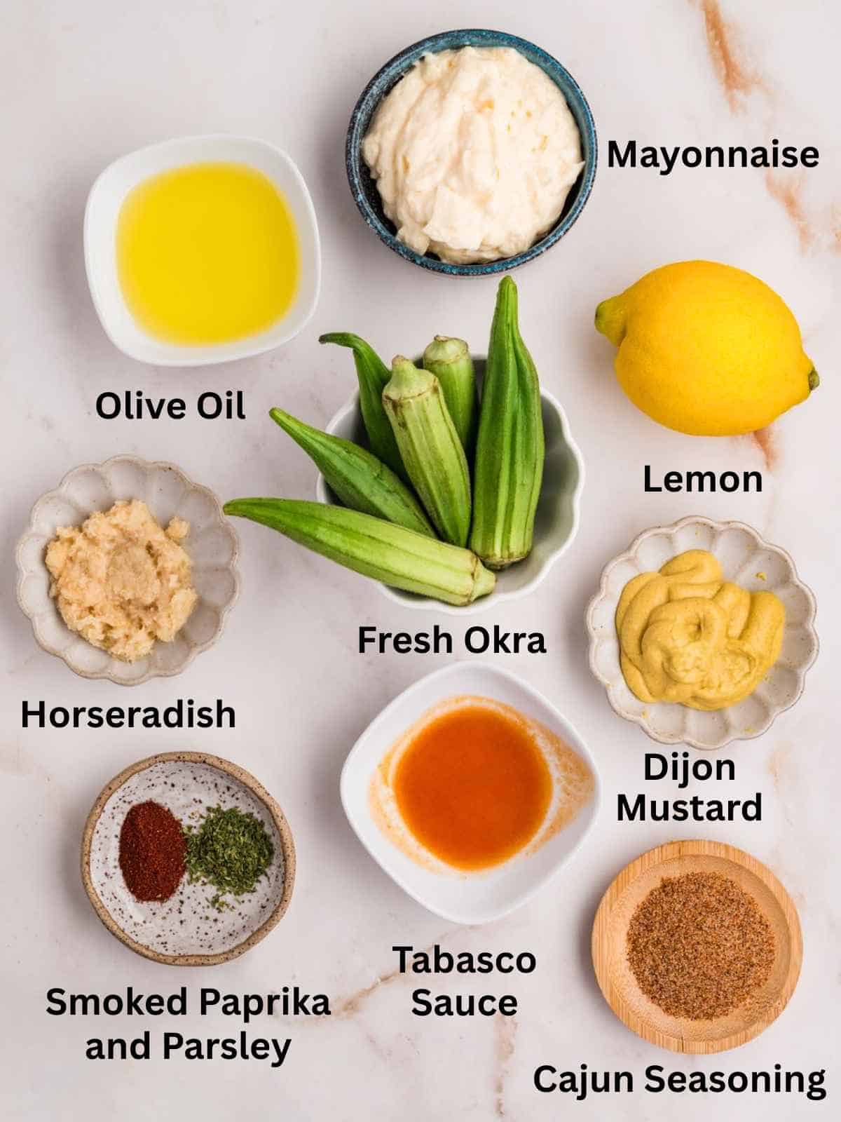 Ingredients needed for Cajun Dipping Sauce with Grilled Okra.