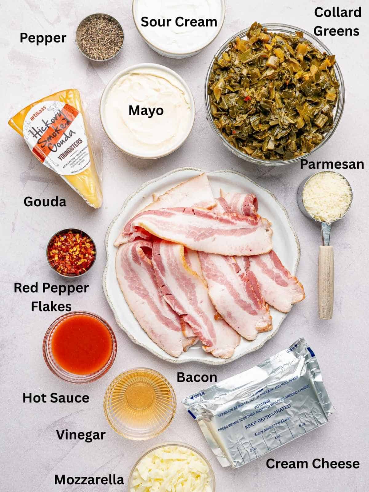 Ingredients needed to make Collard Greens Dip.