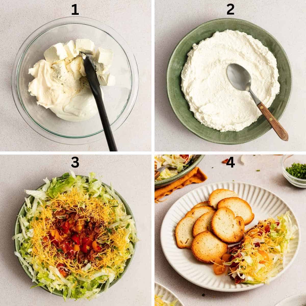Photos showing how to make BLT Dip step by step.