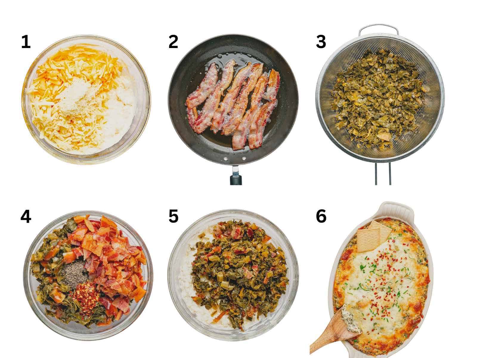 Step by step instruction photos on how to make collard green dip.