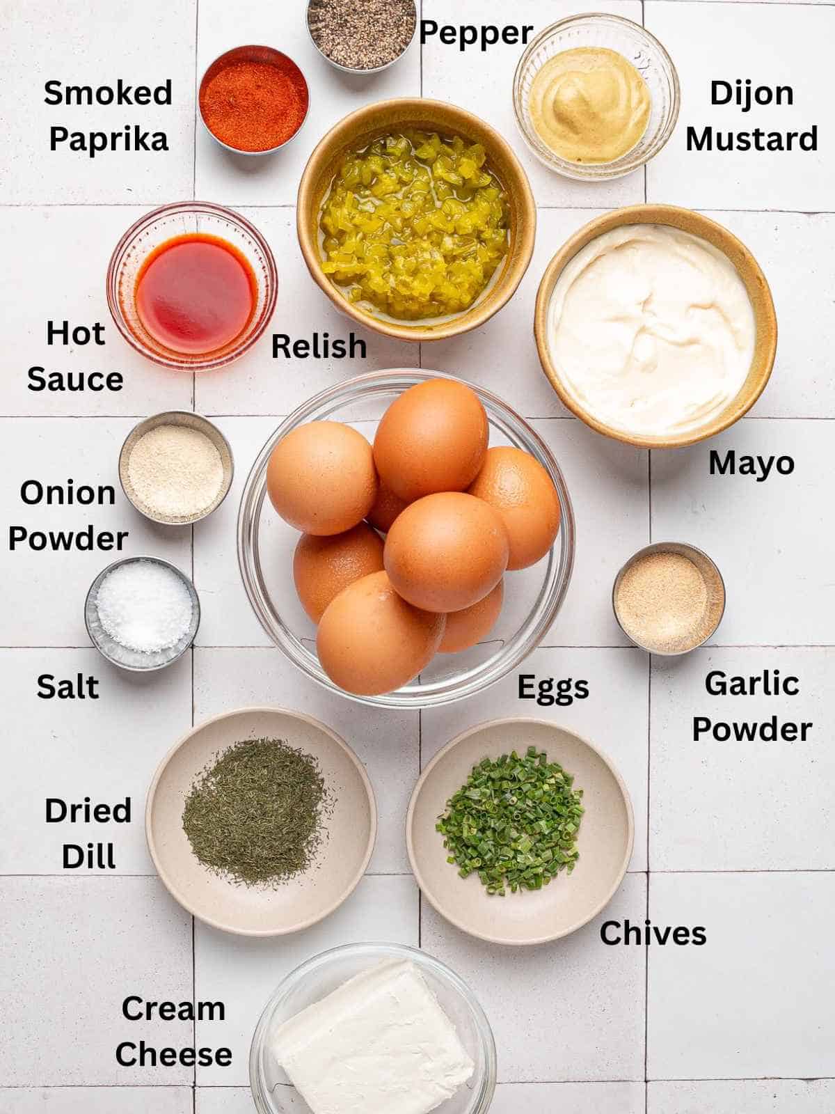 Ingredients needed to make deviled egg dip, also known as humpty dumpty dip.