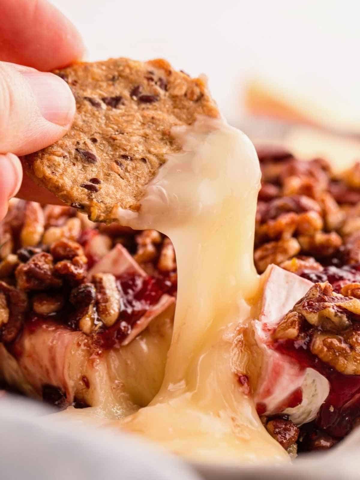Cracker holding up a cheese pull of Brie.