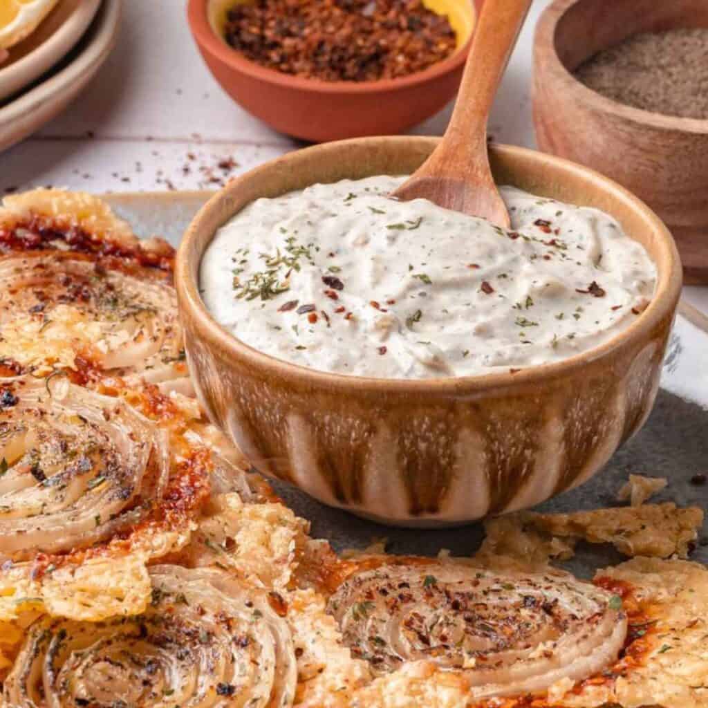 Garlic and Herb Dip with Onion Ring Chips serving dish