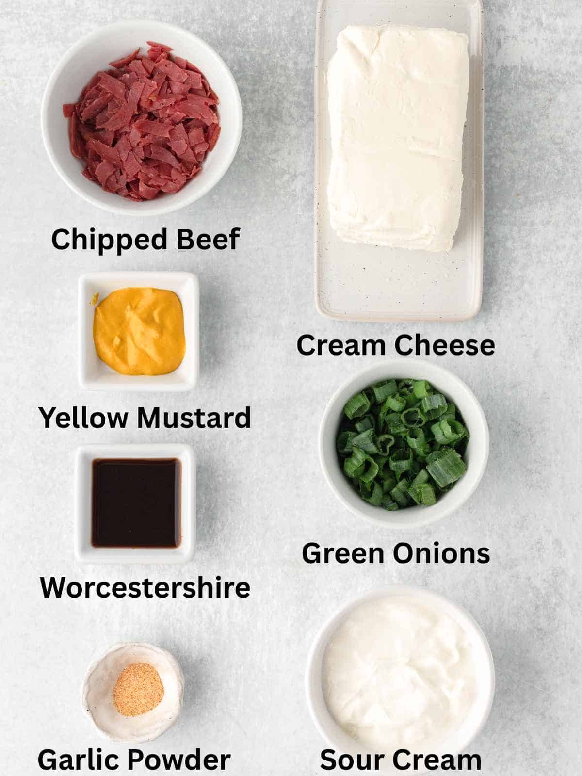 Ingredients needed to make Hot Chipped Beef Dip.