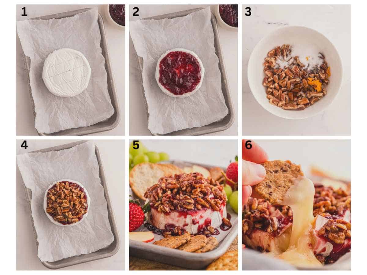Step by step photos showing how to make baked brie.