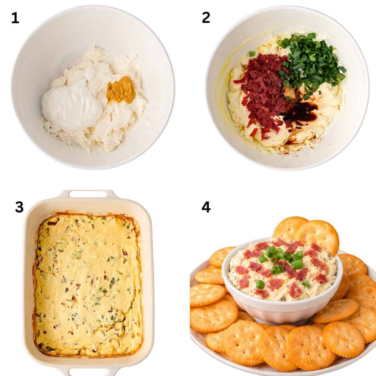 Step by step instructions on how to make chipped beef dip.