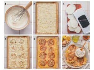 Step by step photos on how to make onion ring chips with garlic herb dip.