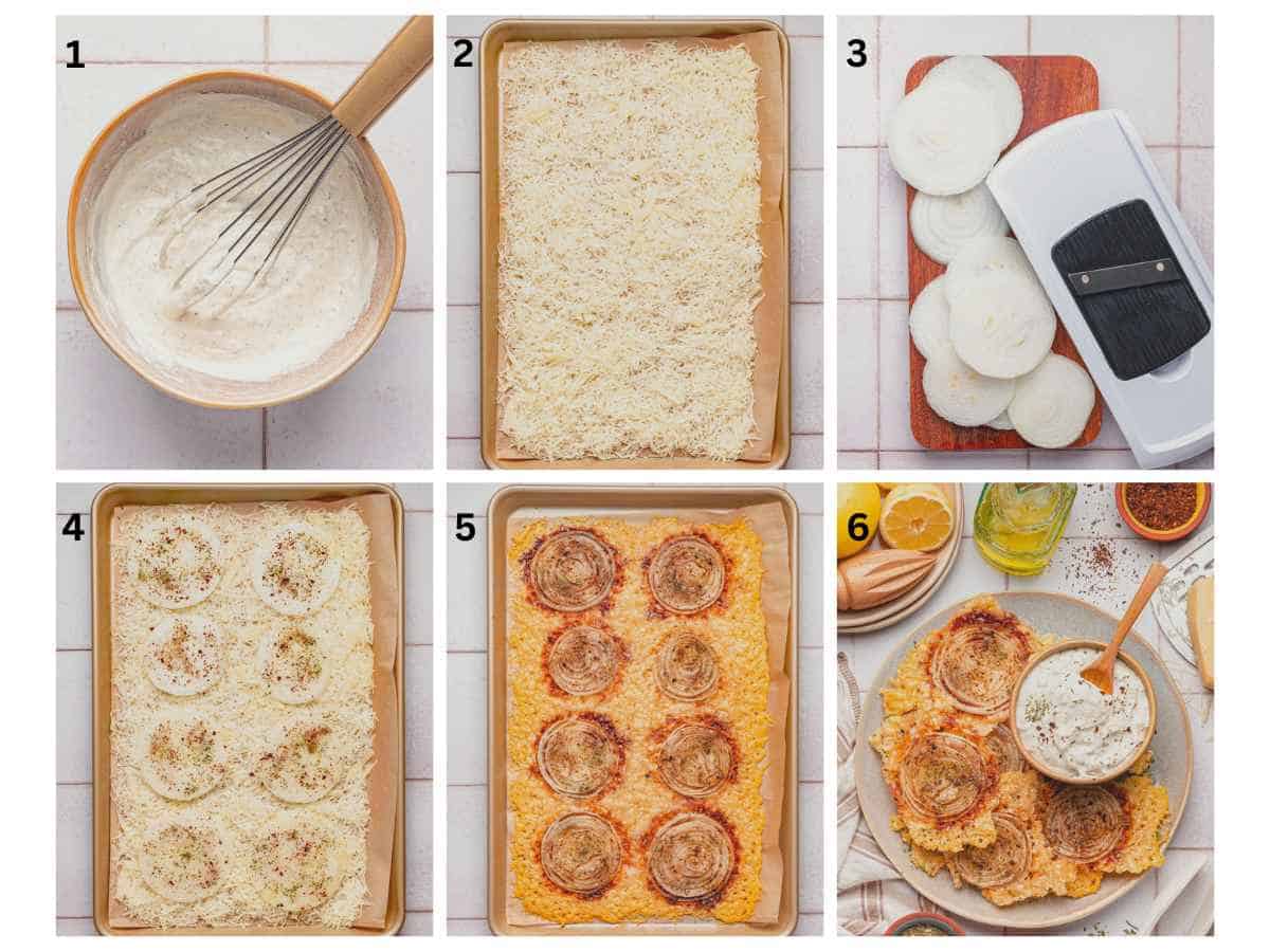 Step by step photos on how to make onion ring chips with garlic herb dip.