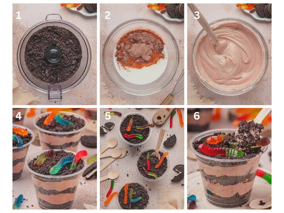 Step by step photos on how to make Oreo Dirt Cake Cups.