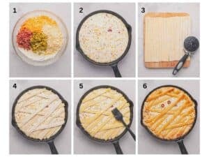 Step by step photo collage on how to make mummy jalapeno popper dip.