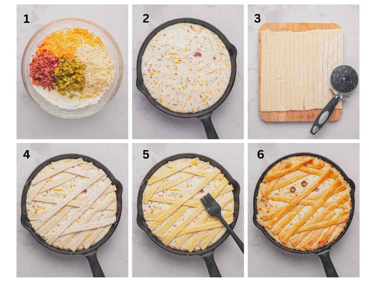Step by step photo collage on how to make mummy jalapeno popper dip.