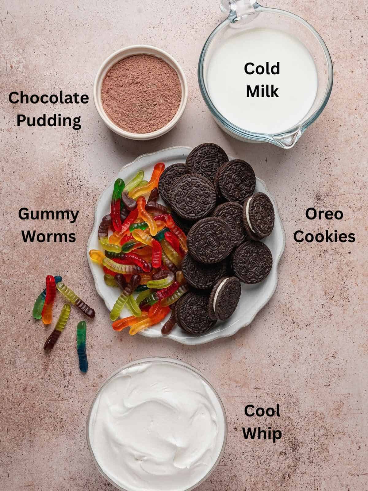 Ingredients needed to make Oreo Dirt Cake Cups.